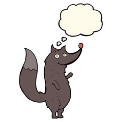 cartoon waving wolf with thought bubble
