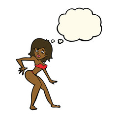 cartoon woman in bikini with thought bubble
