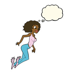 cartoon flying woman with thought bubble