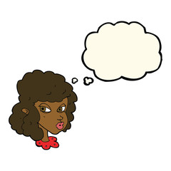 cartoon suspicious woman with thought bubble
