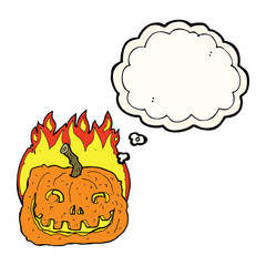 cartoon burning pumpkin with thought bubble