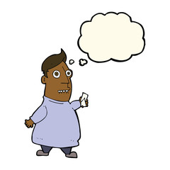 cartoon nervous man with tickets with thought bubble