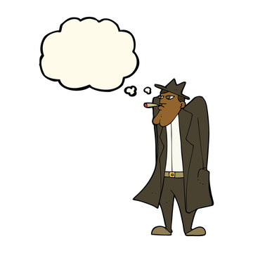 recommend clip art: cartoon man in hat and trench coat with thought bubble