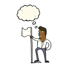 cartoon man planting flag with thought bubble