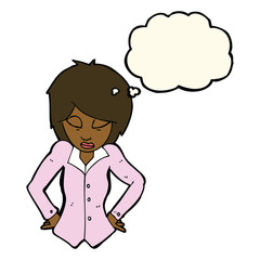 cartoon woman with hands on hips with thought bubble
