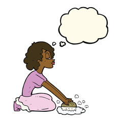 cartoon woman scrubbing floor with thought bubble