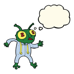 cartoon alien spaceman with thought bubble