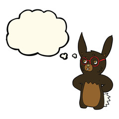 cartoon rabbit wearing spectacles with thought bubble