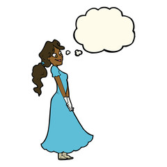 cartoon pretty woman in dress with thought bubble