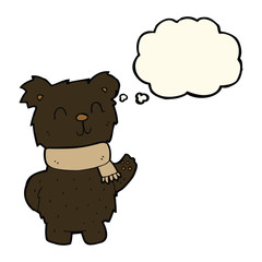 cartoon waving black bear with thought bubble
