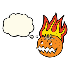 cartoon flaming pumpkin with thought bubble