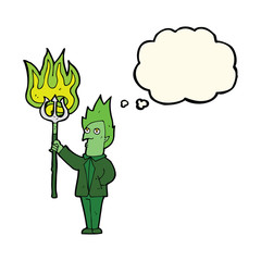 cartoon devil with pitchfork with thought bubble