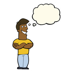 cartoon grinning man with thought bubble