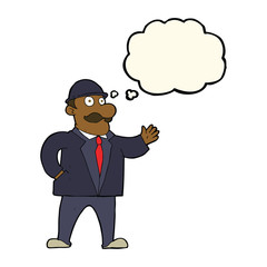 cartoon sensible business man in bowler hat with thought bubble