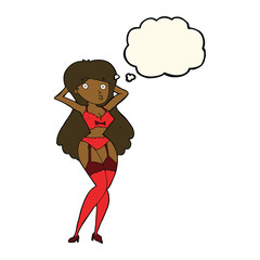 cartoon woman in lingerie with thought bubble
