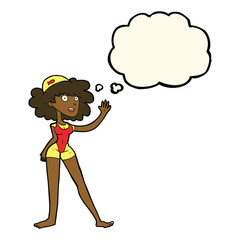 cartoon swimmer woman with thought bubble