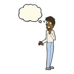 cartoon worried man with thought bubble