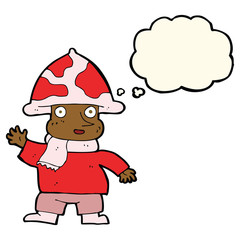 cartoon mushroom man with thought bubble