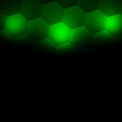 Green light on hexagon wall. 3D concept. Blank board. Style.