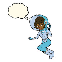 cartoon space woman with thought bubble