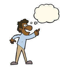 cartoon man pointing and laughing with thought bubble