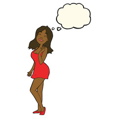 cartoon pretty woman in cocktail dress with thought bubble