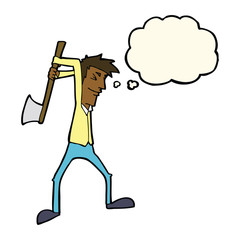 cartoon man swinging axe with thought bubble