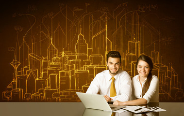 Business couple with buildings and numbers