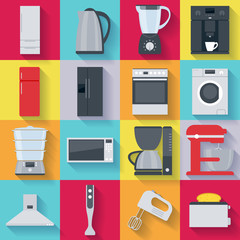 Kitchen home appliances icons set. Flat style. - 90677487