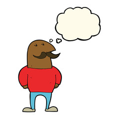 cartoon bald man with mustache with thought bubble