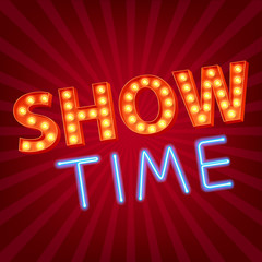 Show time neon and bulb letters advertisment vector illustration