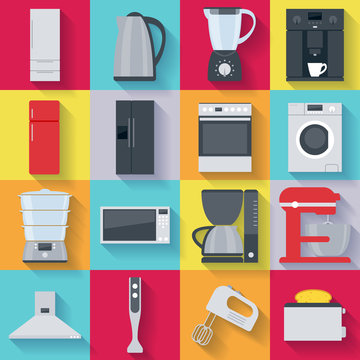 Kitchen Home Appliances Icons Set. Flat Style.