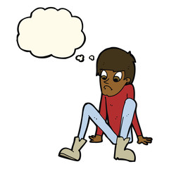 cartoon boy sitting on floor with thought bubble