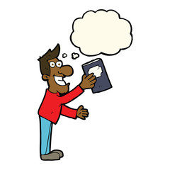 cartoon man with book with thought bubble
