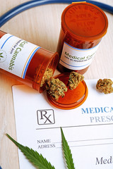 Medical prescription with dry cannabis on table close up