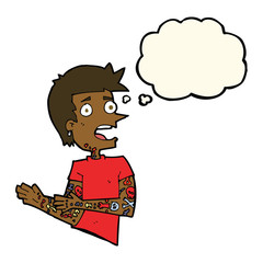 cartoon man with tattoos with thought bubble