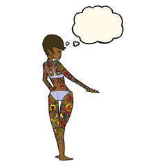 cartoon bikini girl covered in tattoos with thought bubble