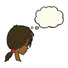 cartoon girl looking thoughtful with thought bubble