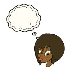 cartoon pretty female face pouting with thought bubble