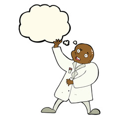 cartoon mad scientist with thought bubble