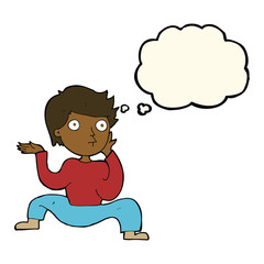 cartoon boy doing crazy dance with thought bubble