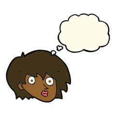 cartoon surprised female face with thought bubble