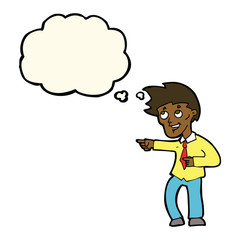 cartoon funny office man pointing with thought bubble