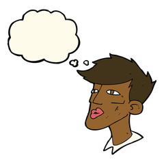 cartoon male model guy with thought bubble