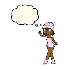 cartoon pretty girl in hat waving with thought bubble