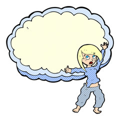 cartoon stressed out woman in front of cloud
