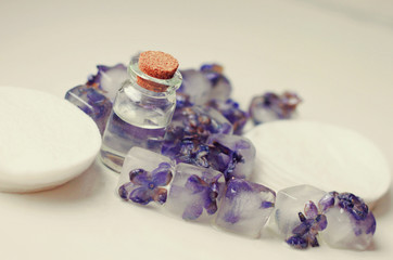 Obraz na płótnie Canvas Cosmetic ice cubes frozen flowers herbal beauty care vintage tones
