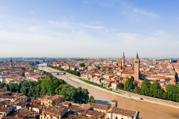Panoramic view of Verona,  the Santa Anastasia Church and the Lamberti Tower, Italy.