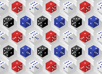 Red, blue, white and black casino dice with long shadows on a hexagonal background. Seamless pattern. 