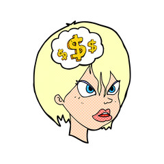 cartoon woman thinking about money
